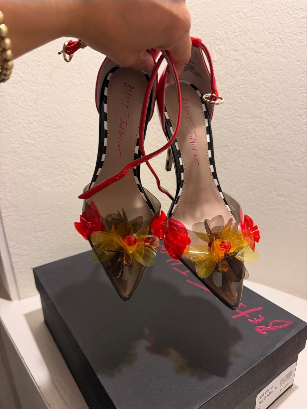 Betsey Johnson Red Pointed-Toe Heels with Floral Accents - Picture 2 of 6